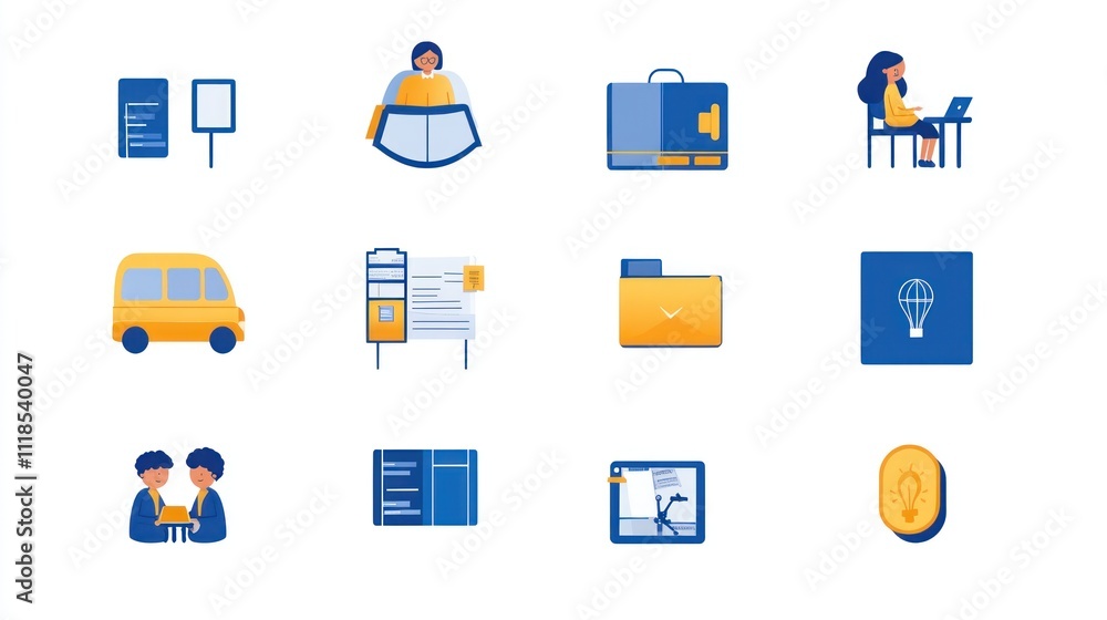 A collection of icons representing various activities and concepts related to work and communication. A collection of icons representing various activities and concepts related to work and communication.