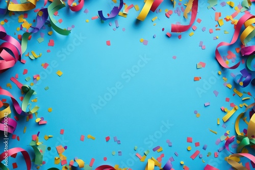 Festive Blue Party Background with Colorful Streamers and Confetti
