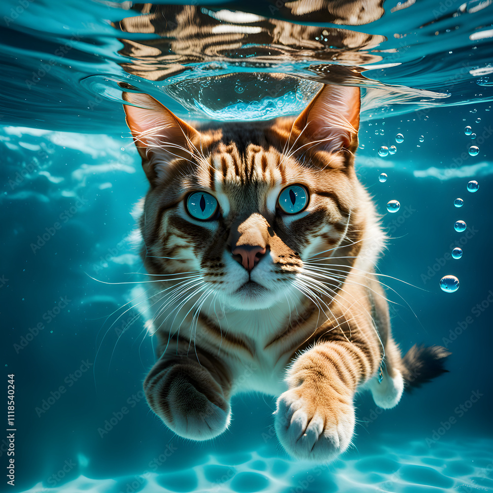 Adventurous Orange Cat Swimming Underwater With Bubbles in the Ocean Adventurous Orange Cat Swimming Underwater With Bubbles in the Ocean