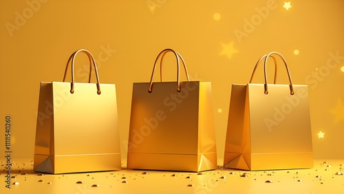 A gold shopping bag with a price tag for sales. The concept of the Black Friday event and the sale of goods. 3d rendering. black background