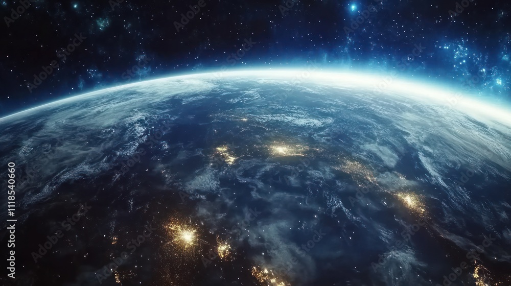 A stunning view of Earth from space, showcasing the planet's atmosphere and illuminated cities.