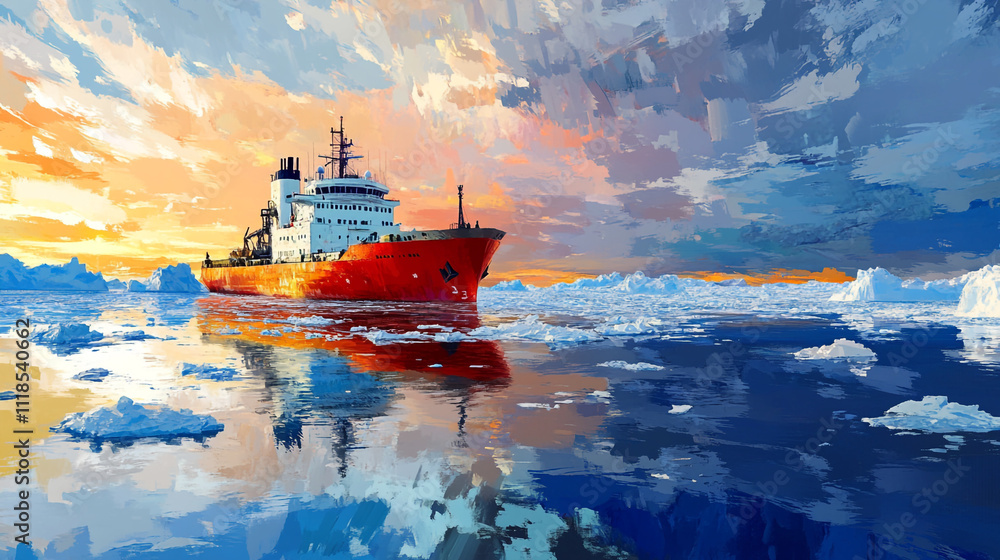 Obraz premium polar research ship navigating through icy waters on the ocean, navigating through a stunning Antarctic ocean landscape, Ship in ocean near glacier, Icebreaker ship in the North Sea.