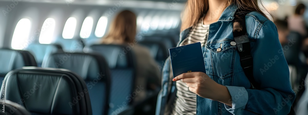 Fototapeta premium A woman is holding her passport and ticket in one hand, smiling at the camera while standing on an airplane