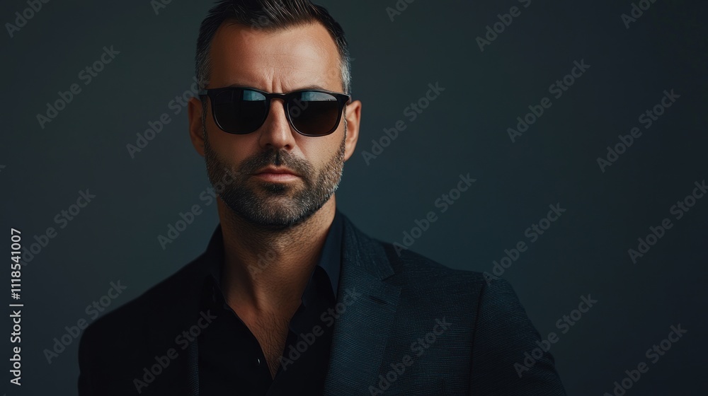 A stylish man in sunglasses and a dark suit poses confidently against a dark background. A stylish man in sunglasses and a dark suit poses confidently against a dark background.