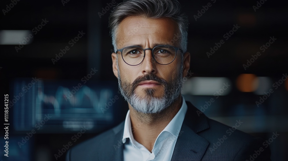 Fototapeta premium Young middle eastern businessman analyzing virtual market data on a modern trading floor with advanced technology and predictive AI insights