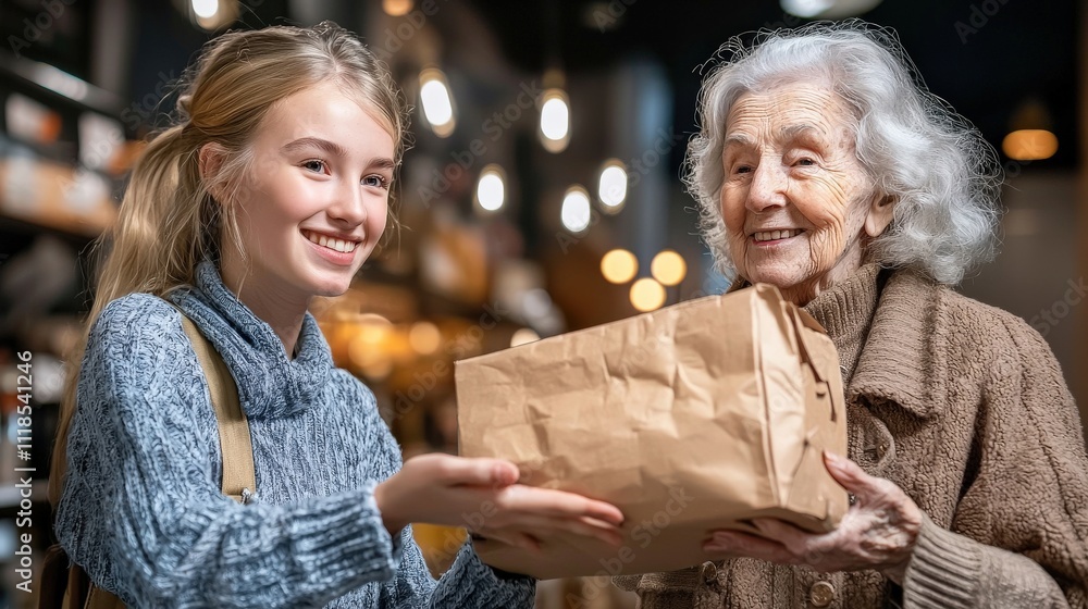 A young volunteer handing a food parcel to an elderly woman, both smiling warmly, set in a community center A young volunteer handing a food parcel to an elderly woman, both smiling warmly, set in a community center