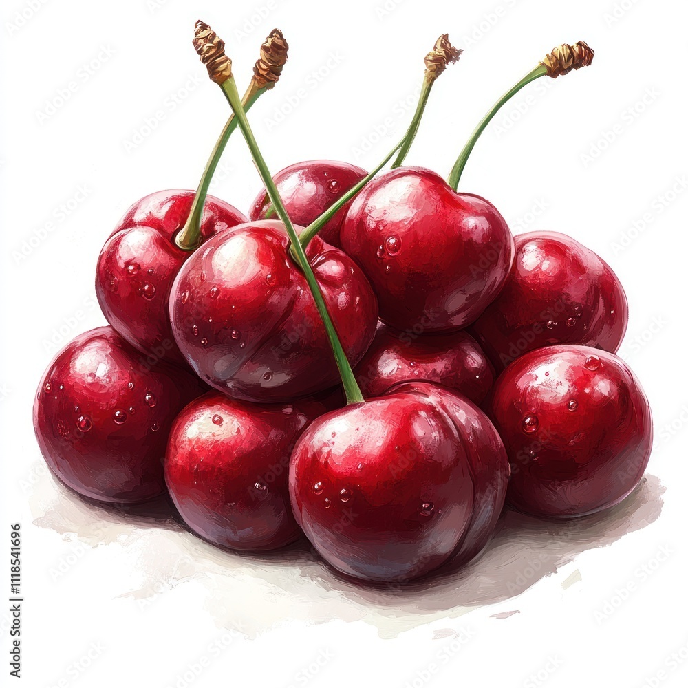 A cluster of shiny red cherries with green stems on a white background. A cluster of shiny red cherries with green stems on a white background.
