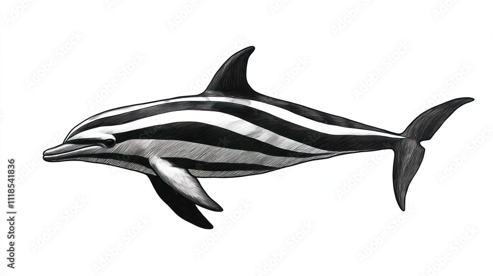 A stylized illustration of a dolphin with bold black and white stripes. A stylized illustration of a dolphin with bold black and white stripes.