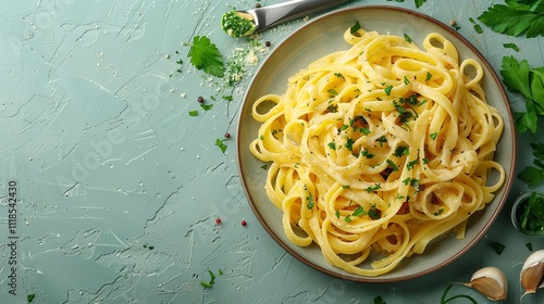 A dish with pumpkins Alfredo fettuccine pasta is seen from above and up with a large writing room and a pale green backdrop, Generative AI. photo