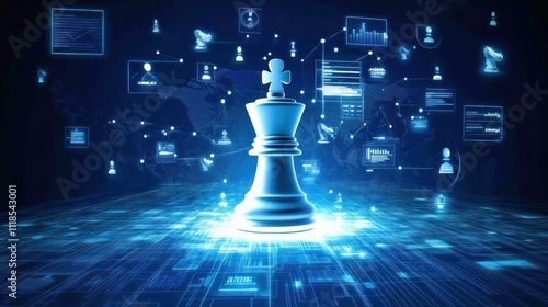 A glowing chess piece surrounded by digital icons, symbolizing strategy and technology.