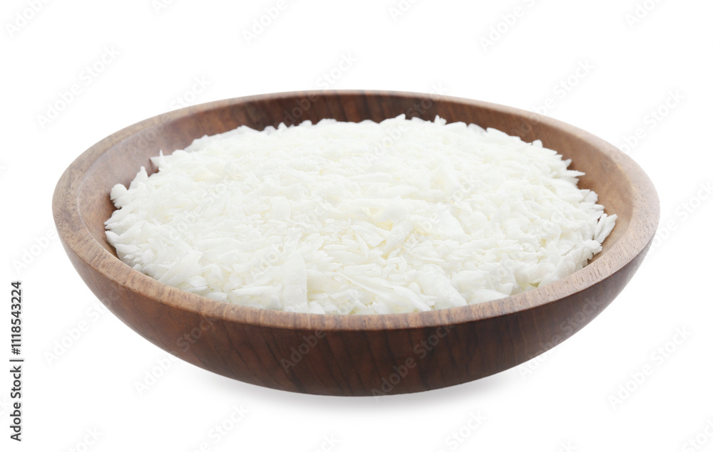 Soy wax in wooden bowl isolated on white Soy wax in wooden bowl isolated on white