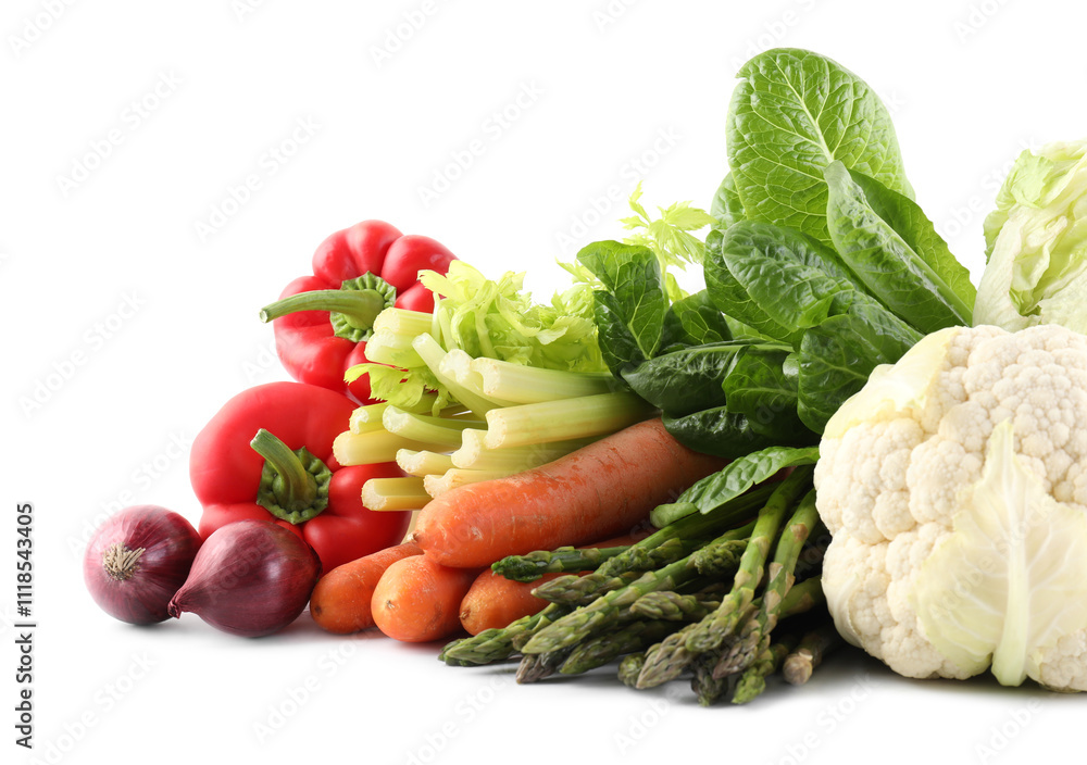 Many different ripe vegetables isolated on white