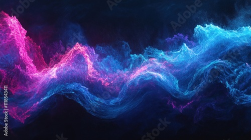 Abstract waves of vibrant pink and blue colors create a dynamic visual effect.