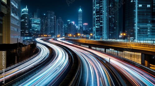 Nighttime cityscape with light trails from moving vehicles on a highway surrounded by skyscrapers.