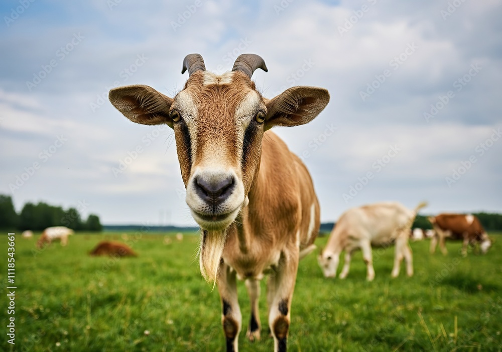 Close up of a curious goat in a green pasture surrounded by grazing cattle Close up of a curious goat in a green pasture surrounded by grazing cattle