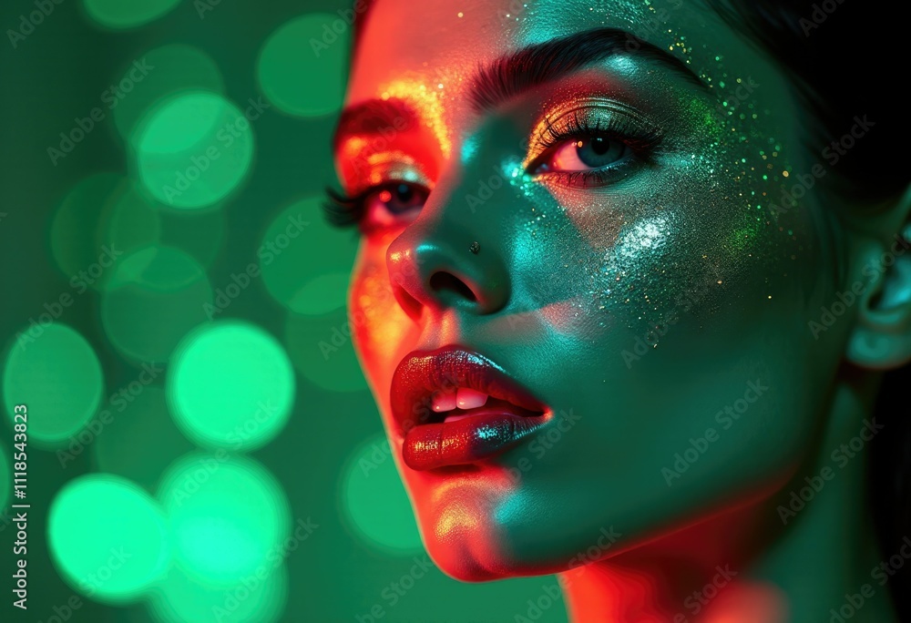 Close-up of a woman's face with red lips, green and red lighting, and glitter on her cheek. Close-up of a woman's face with red lips, green and red lighting, and glitter on her cheek.