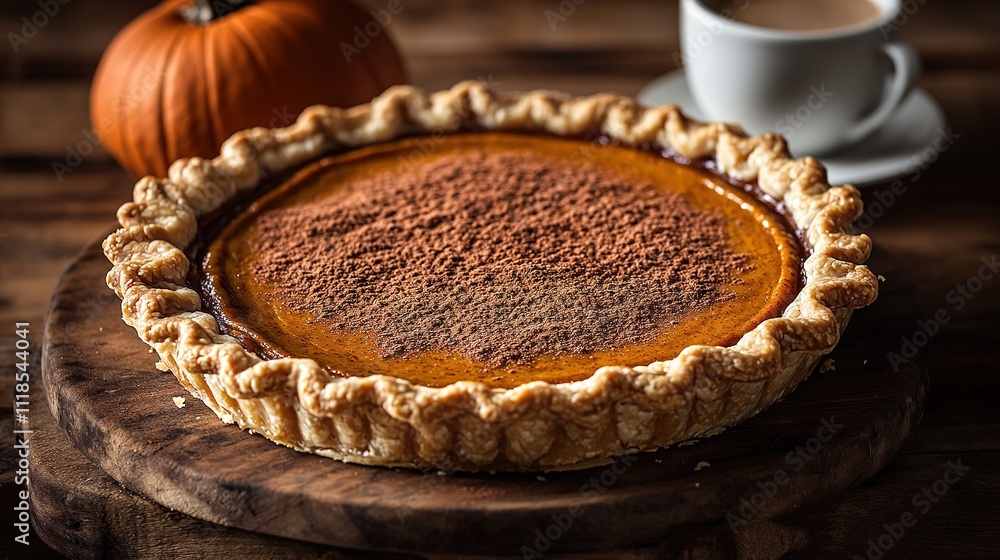 food photography of rustic pumpkin pie with cinnamon dust placed on wooden table alongside cup of coffee for national food photography of rustic pumpkin pie with cinnamon dust placed on wooden table alongside cup of coffee for national