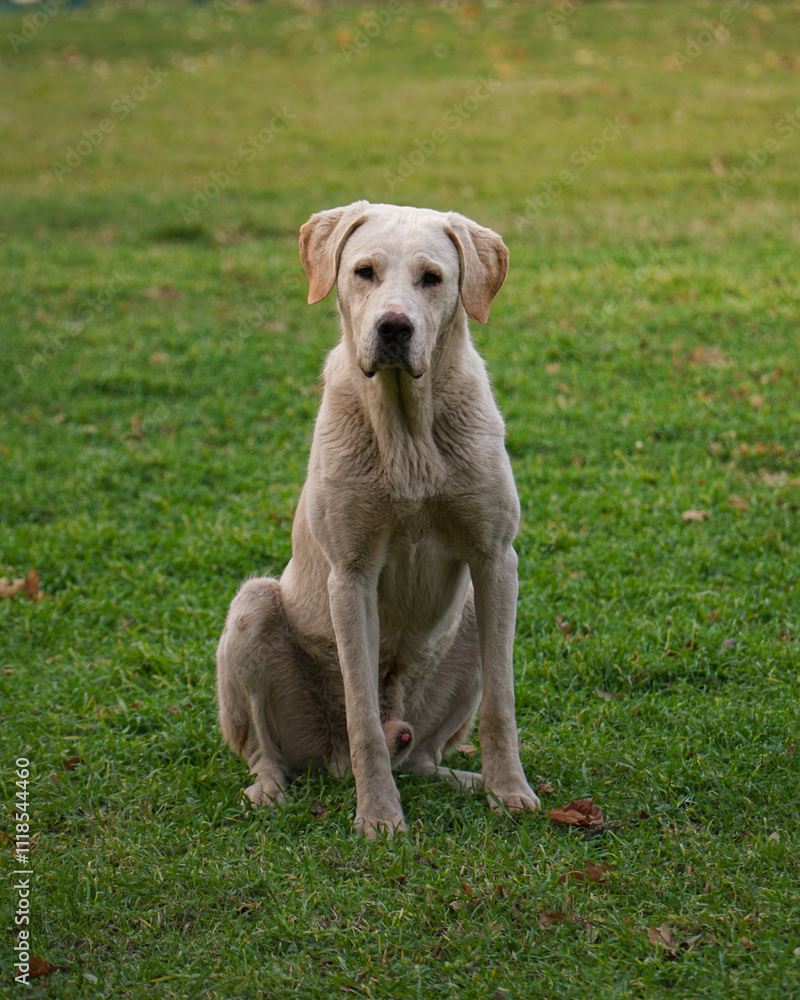 A beautiful yellow dog is looking at me in the park. A beautiful yellow dog is looking at me in the park.