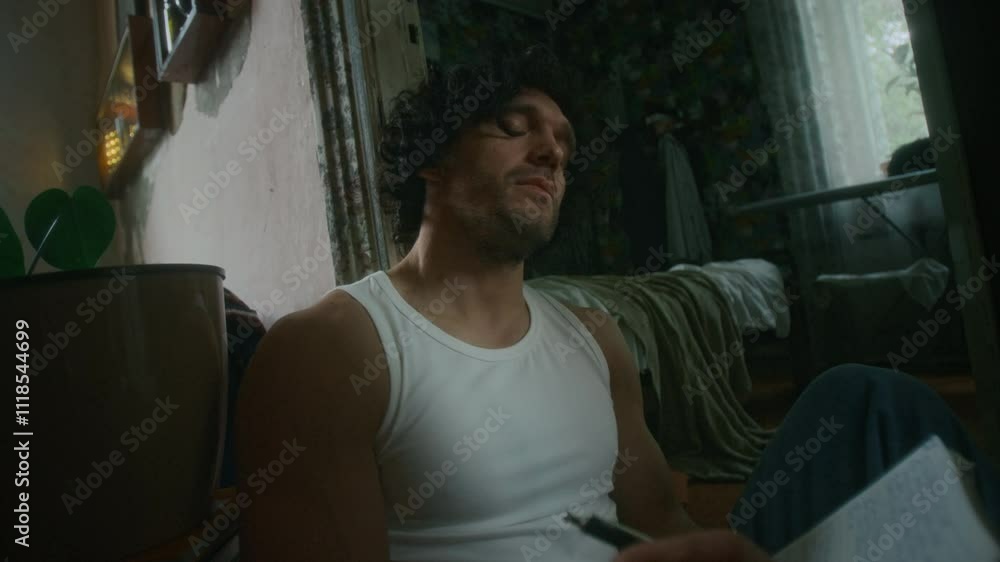 Medium lowkey shot of exhausted and pensive Caucasian male writer sitting on floor in worn out shabby apartment and composing novel or poems, writing in notebook Medium lowkey shot of exhausted and pensive Caucasian male writer sitting on floor in worn out shabby apartment and composing novel or poems, writing in notebook