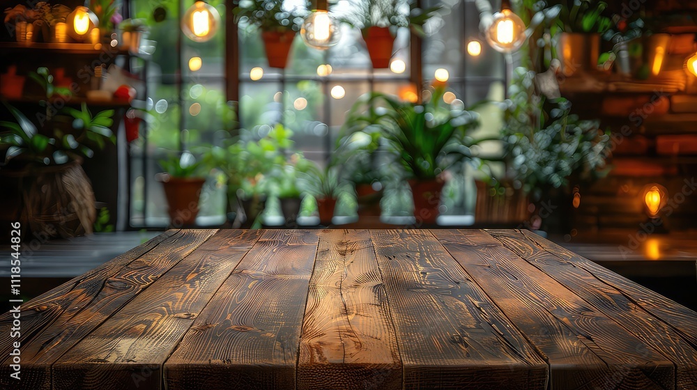 Fototapeta premium Rusty, empty wooden table. Vintage pub interior. Dark wood counter. Restaurant space. Abstract bar scene