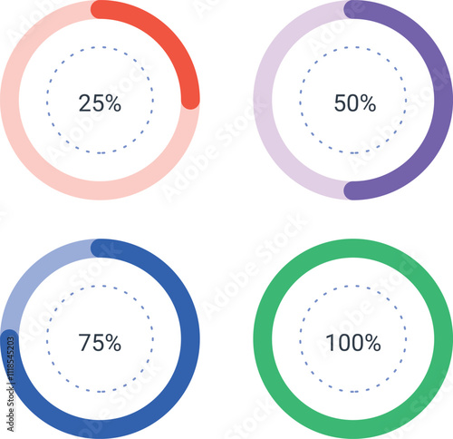 Four colorful circle diagrams are showing completion percentages from 25 to 100 percent, useful for visually representing progress or data in presentations or reports