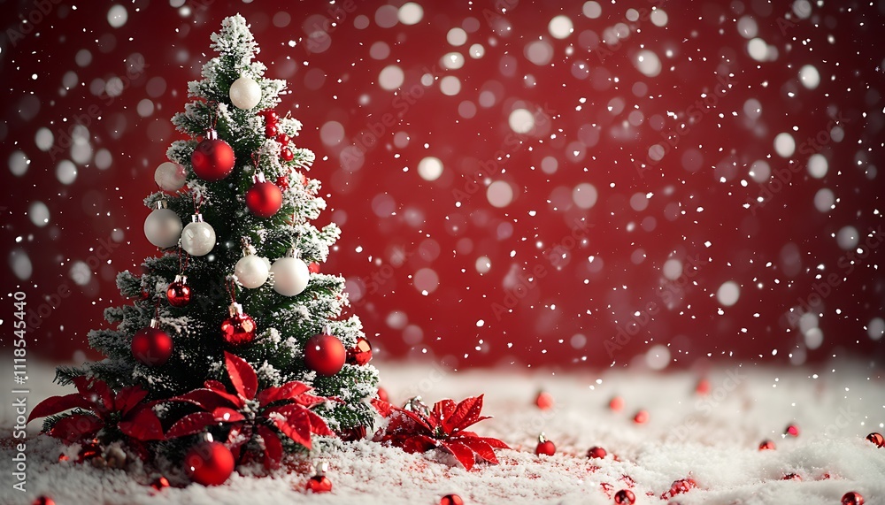 Festive Christmas Tree Snow Scene Red White Ornaments Winter Wonderland Festive Christmas Tree Snow Scene Red White Ornaments Winter Wonderland
