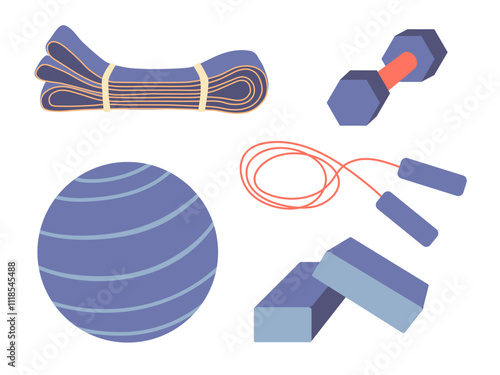 Fitness equipment vector set. Dumbbell, jump rope, yoga blocks, resistance band, exercise ball illustrations isolated on white background. Sport tools for gym and home workout, flat minimalist style