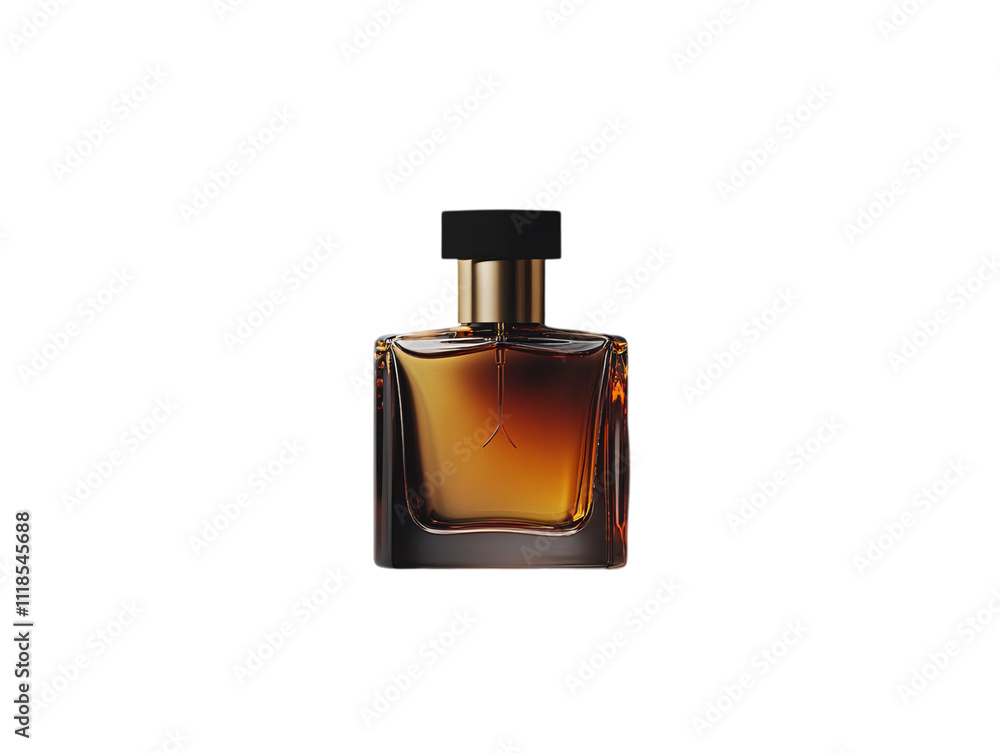 A sleek, amber-hued perfume bottle with a black cap, exuding elegance and sophistication on transparent background. A sleek, amber-hued perfume bottle with a black cap, exuding elegance and sophistication on transparent background.