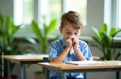 Boy in school uniform blowing his nose during a lesson. Suitable for content on childhood illness, health tips, or student life. photo