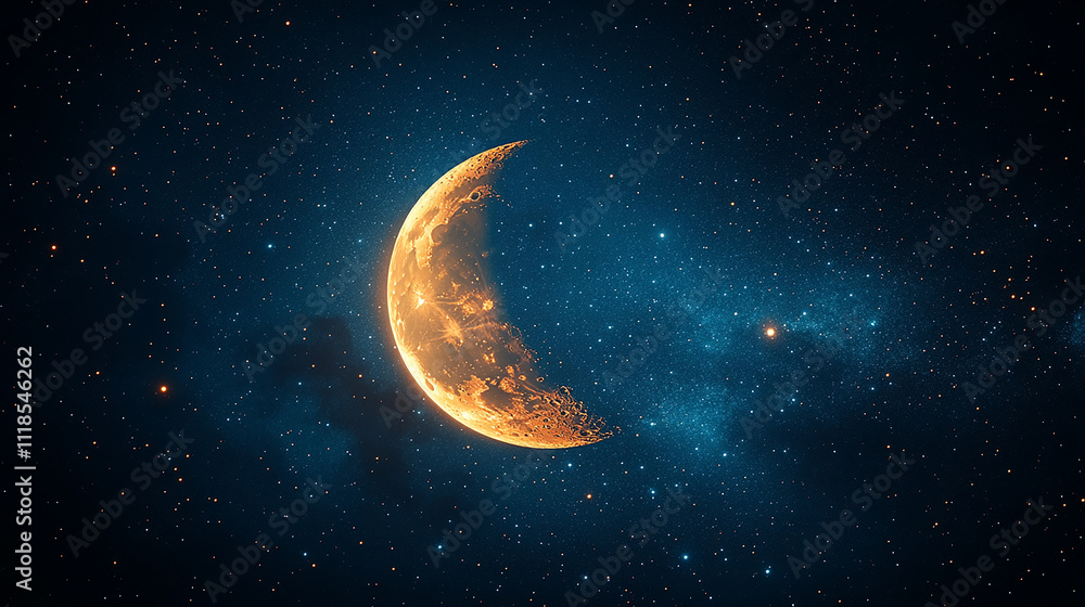 A crescent moon hangs in a dark night sky, A crescent moon hangs in a dark night sky,