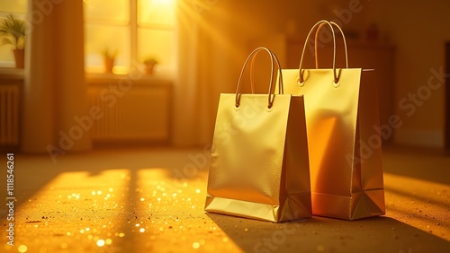 A gold shopping bag with a price tag for sales. The concept of the Black Friday event and the sale of goods. 3d rendering. black background