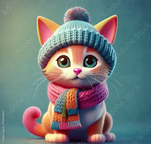 Cute colorful plush toy-like kitten with big eyes dressed in winter knitted hat and scarf. photo