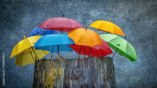 Wallpaper Mural Colorful umbrellas on a tree stump in the rain. Torontodigital.ca