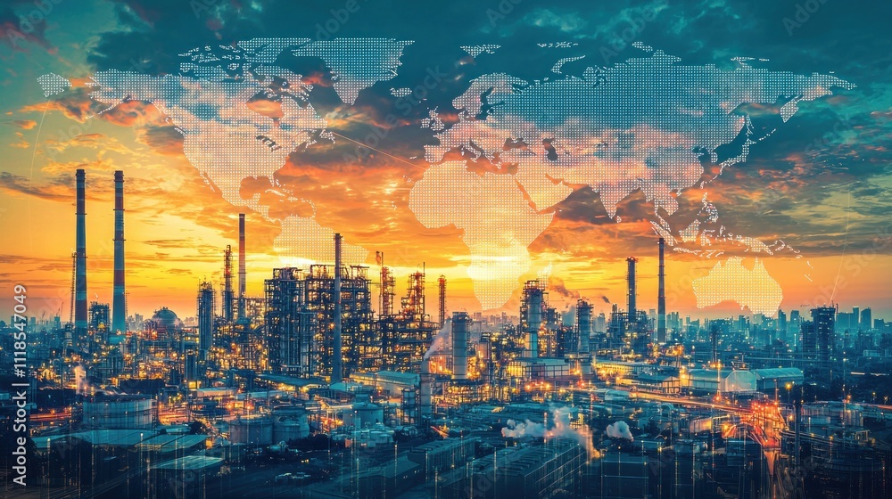 Fototapeta premium Global Industrial Landscape at Sunset: A World Connected Through Industry