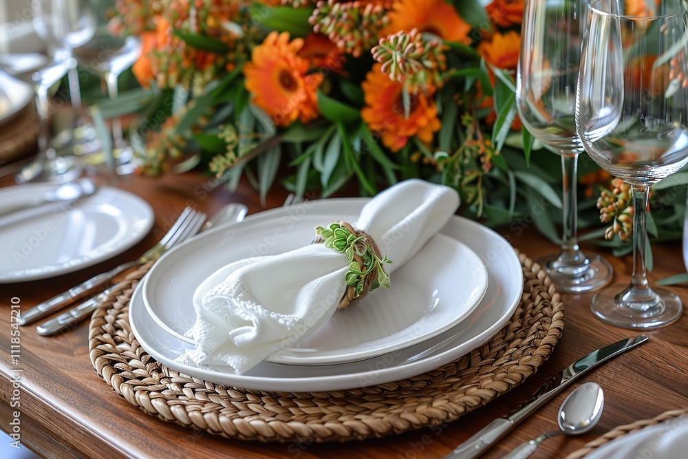 An elevated view of a cozy fall table arrangement with fresh orange flowers and a glass white china linen napkins and woven placemats with textural space, Generative AI. An elevated view of a cozy fall table arrangement with fresh orange flowers and a glass white china linen napkins and woven placemats with textural space, Generative AI.