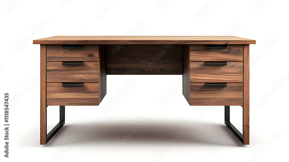 A wooden desk with a black handle on the drawers A wooden desk with a black handle on the drawers