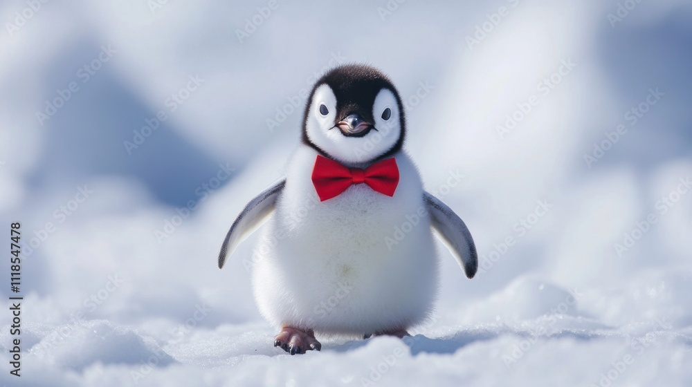 Fototapeta premium A cheerful chick wearing a bright red bow tie stands on a snowy surface amidst a winter scenery. The soft snow enhances the festive vibe, perfect for seasonal festivities