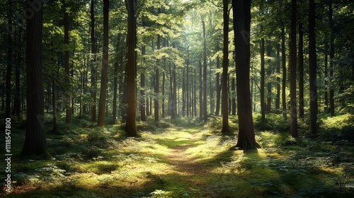 A serene forest scene with sunlight filtering through tall trees, creating a tranquil atmosphere.