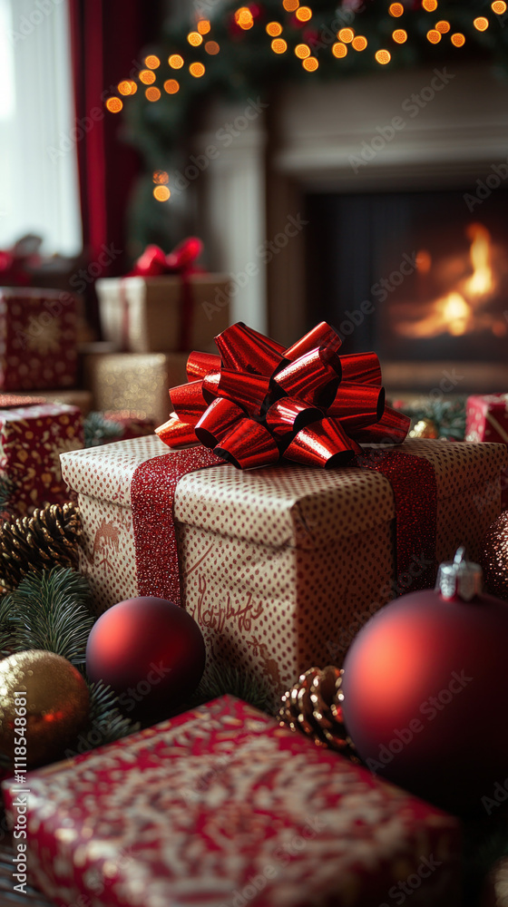 cozy scene featuring a large Christmas gift box with a big red bow, surrounded by smaller gifts and holiday decorations, ideal for a heartwarming smartphone wallpaper cozy scene featuring a large Christmas gift box with a big red bow, surrounded by smaller gifts and holiday decorations, ideal for a heartwarming smartphone wallpaper
