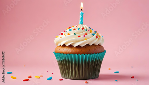 Birthday cupcake for a birthday party decorated with a single candle
