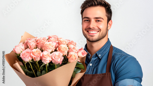 Young smilling man in blue shirts and brown aproon holdihg a big bouquet of pinr roses in craft paper, looking at camera, white background, photo