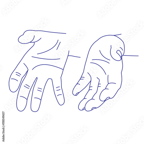 The palms are half bent and turned towards each other as if holding something. Contour vector hand sketch illustration