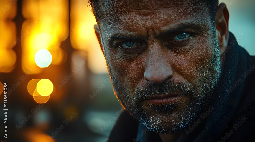 Intense Portrait of a Man with Gritty Expression Against a Backdrop of Golden Light and Urban Environment, Capturing Emotion, Depth, and Raw Human Experience Intense Portrait of a Man with Gritty Expression Against a Backdrop of Golden Light and Urban Environment, Capturing Emotion, Depth, and Raw Human Experience