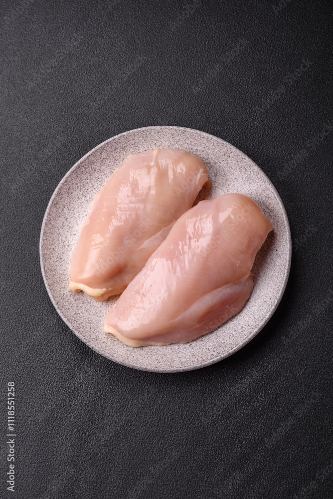 Fototapeta premium Pieces of raw chicken or turkey fillet with salt, spices and herbs