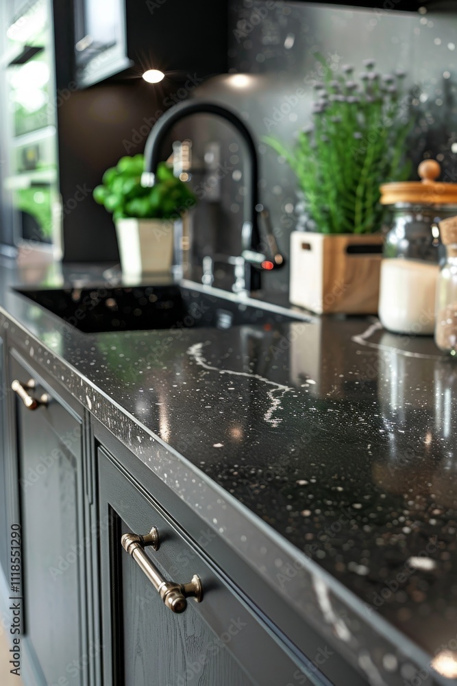 Stylish kitchen with a natural stone countertop, offering both beauty and durability Stylish kitchen with a natural stone countertop, offering both beauty and durability