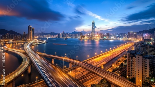 A vibrant cityscape at dusk, showcasing illuminated highways and skyscrapers by the water.