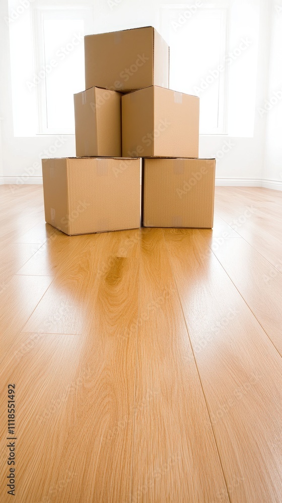 Cardboard boxes are neatly stacked on a polished wooden floor in a spacious, empty room with white walls, illustrating the concept of moving and storage Cardboard boxes are neatly stacked on a polished wooden floor in a spacious, empty room with white walls, illustrating the concept of moving and storage