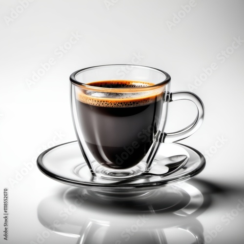 Coffee americano in a transparent glass mug isolated on white background. Classic and elegant coffee beverage.