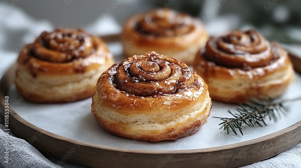 Freshly baked cinnamon rolls sit on a wooden plate surrounded by soft fabric and hints of greenery, creating a warm and inviting breakfast setting in a bright kitchen. Freshly baked cinnamon rolls sit on a wooden plate surrounded by soft fabric and hints of greenery, creating a warm and inviting breakfast setting in a bright kitchen.
