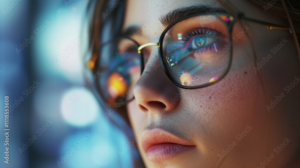 Close up of a young woman software developer wearing glasses, focused on a futuristic interface reflecting in her lenses, highlighting the concept of innovative production in the tech industry Close up of a young woman software developer wearing glasses, focused on a futuristic interface reflecting in her lenses, highlighting the concept of innovative production in the tech industry